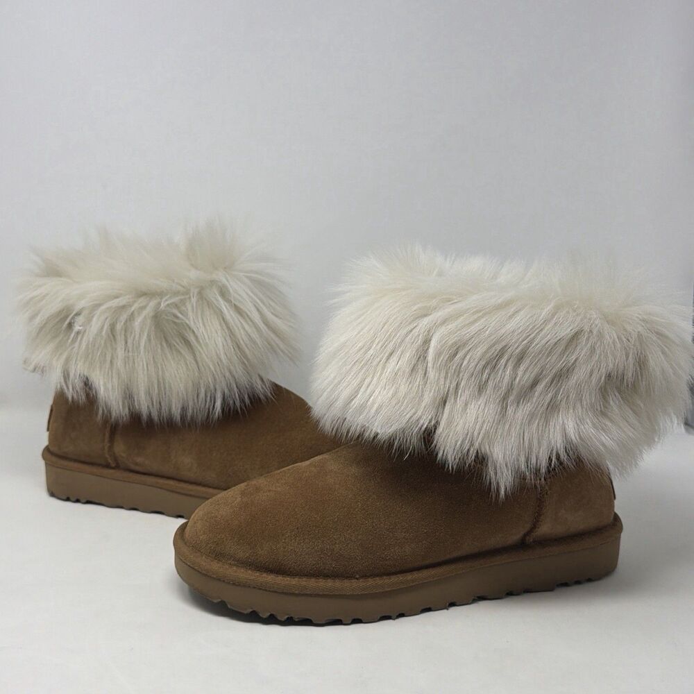 UGG Valentina 1012388 Sheepskin Fur Cuff Boots Chestnut Womenโs 9 Swarovski